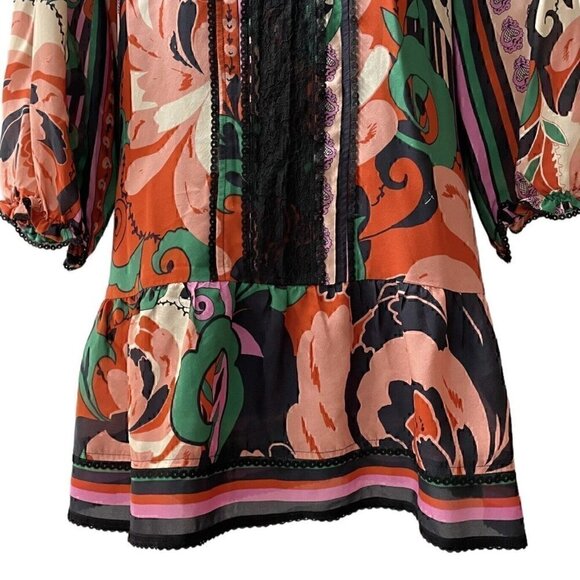 Silk Odille 3/4 Sleeve Floral Multicolor Tier Tunic Black Lace Trim Women’s 8 - Picture 6 of 14